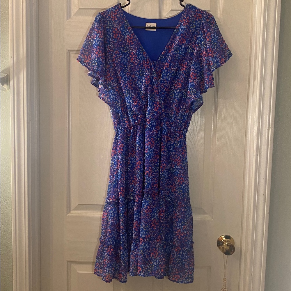 Peach Love California Blue Red Yellow White Sheer Floral Mini Dress - Picture 3 of 15